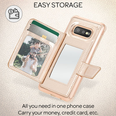 NALIA Schutzhülle kompatibel mit Samsung Galaxy S10e Hülle, Case mit Spiegel & Kartenfächern & Magnet-Verschluss, Glänzendes Kunst-Leder Etui Handy-Tasche Mirror Hard-Cover Handyhülle Pink NALIA Protective Hülle