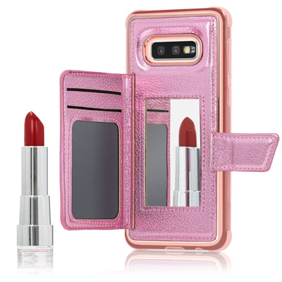 NALIA Schutzhülle kompatibel mit Samsung Galaxy S10e Hülle, Case mit Spiegel & Kartenfächern & Magnet-Verschluss, Glänzendes Kunst-Leder Etui Handy-Tasche Mirror Hard-Cover Handyhülle Pink NALIA Protective Hülle