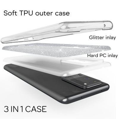 NALIA Glitzerhülle für Samsung Galaxy S20 Ultra – Funkelnder Glitzer-Look & Grip – SHINEPOP (Silikon Case) – Marke aus Berlin Silber NALIA Protective Hülle