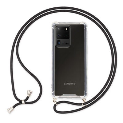 NALIA Handykette für Samsung Galaxy S20 Ultra – Transparentes Hybrid-Case & Band – HANGIT (Anti-Gelb Rückseite & Verstellbar) – Marke aus Berlin Schwarz NALIA Transparente Hülle