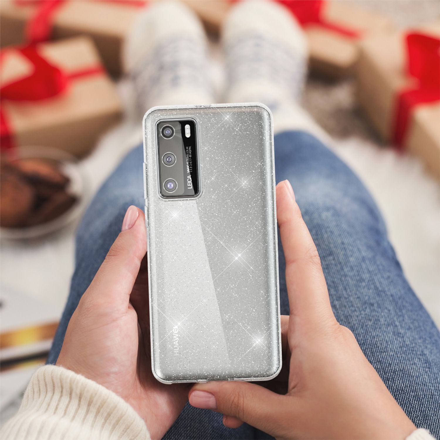 NALIA Glitzer Handyhülle für Huawei P40 Hülle, Bling Silikon Handyhülle Strass Cover Transparent NALIA Transparente Hülle