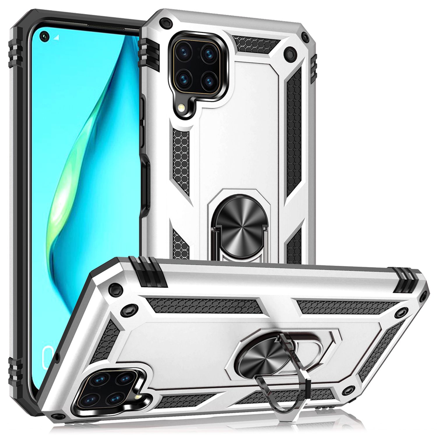 NALIA Ring Hülle für Huawei P40 Lite, Handy Schutz Tasche Cover Case Bumper Etui Silber NALIA Protective Hülle