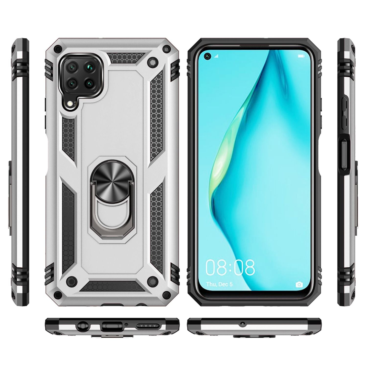 NALIA Ring Hülle für Huawei P40 Lite, Handy Schutz Tasche Cover Case Bumper Etui Silber NALIA Protective Hülle