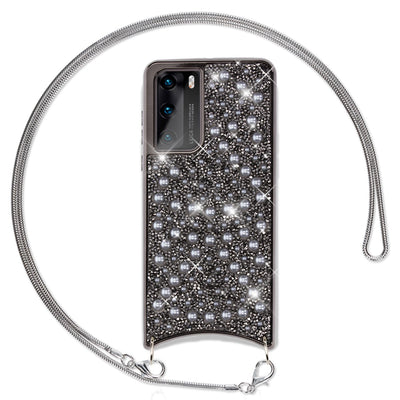 NALIA Glitzer Case mit Kette kompatibel mit Huawei P40 Hülle, Diamant Schutzhülle & Umhänge-Band, Slim Necklace Pailletten Cover Strass Handy-Tasche, Glänzende Silikon Handyhülle Schwarz NALIA Protective Hülle