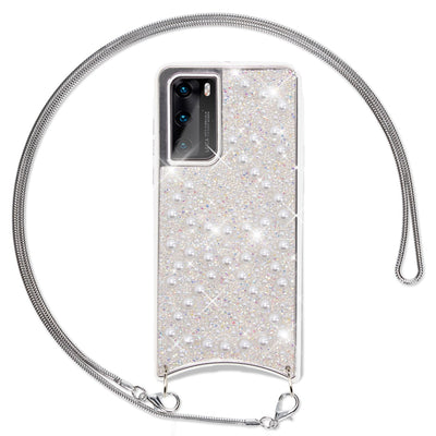 NALIA Glitzer Case mit Kette kompatibel mit Huawei P40 Hülle, Diamant Schutzhülle & Umhänge-Band, Slim Necklace Pailletten Cover Strass Handy-Tasche, Glänzende Silikon Handyhülle Weiß NALIA Protective Hülle