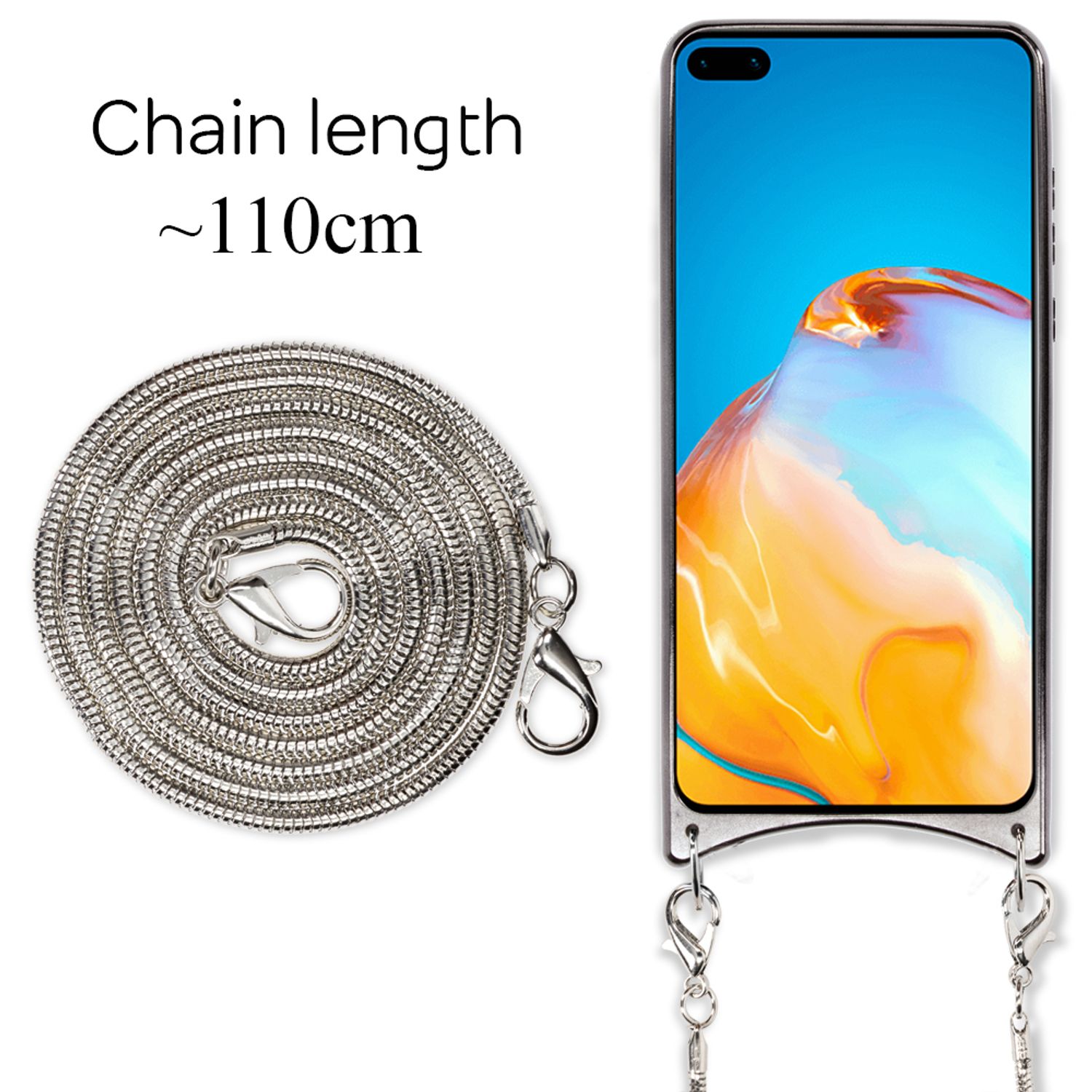 NALIA Glitzer Case mit Kette für Huawei P40, Handy Hülle Umhänge Band Cover Case Schwarz NALIA