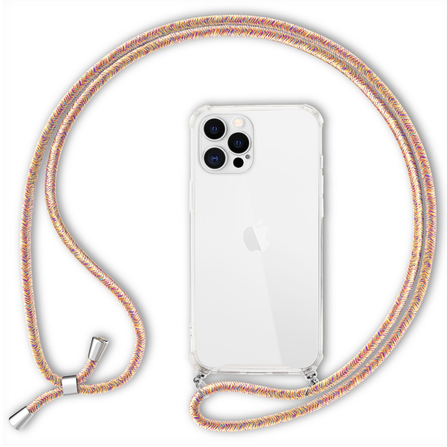 NALIA Handy Hülle mit Kette für iPhone 12 Pro Max, Hard Case Kordel Cover Bumper Regenbogen NALIA Transparente Hülle