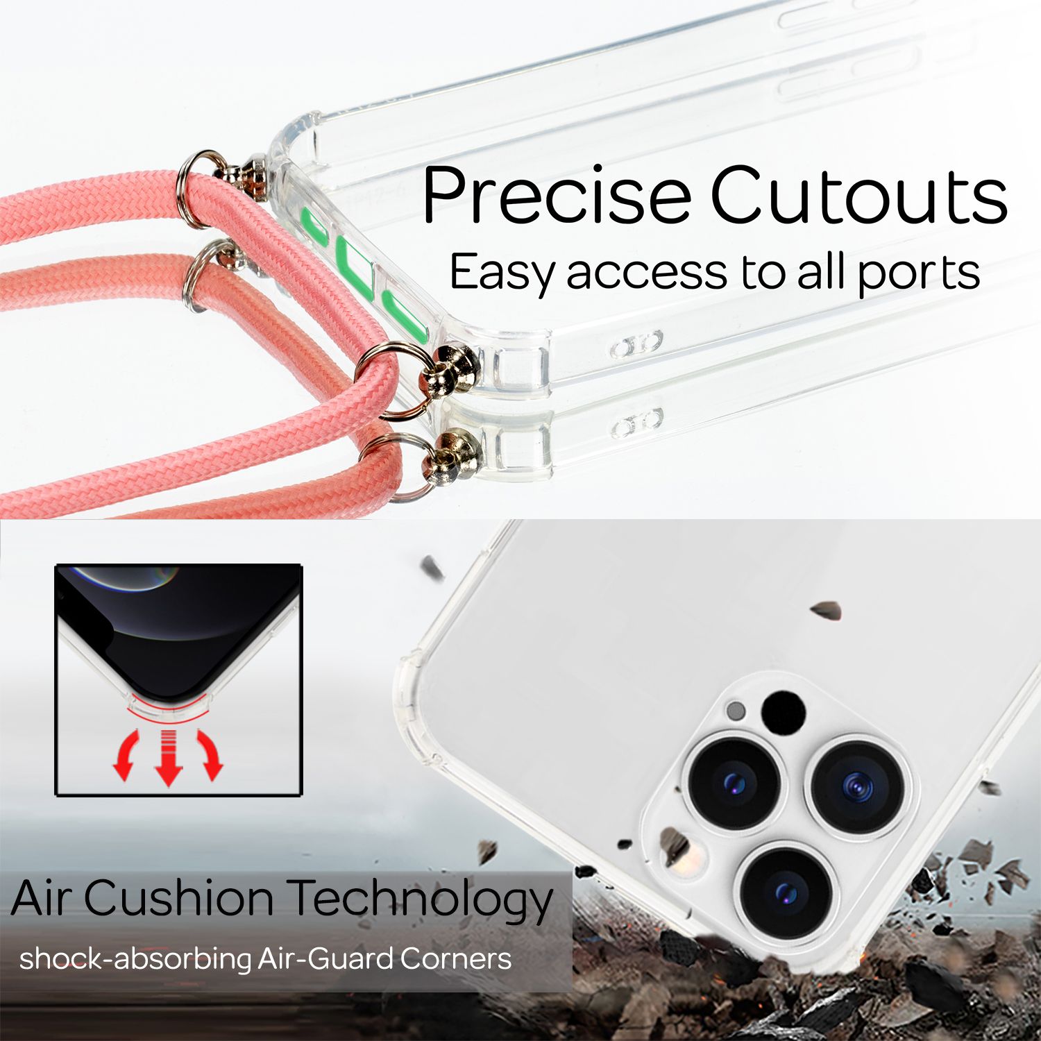 NALIA Handy Hülle mit Kette für iPhone 12 Pro Max, Hard Case Kordel Cover Bumper Regenbogen NALIA Transparente Hülle