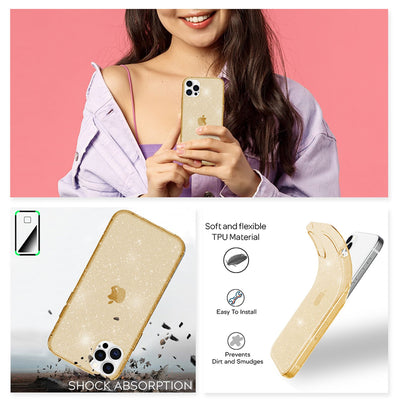 NALIA Glitzerhülle für iPhone 12 Pro Max – Funkelndes Silikon Case – DAZZLIN (Transparent & Stoßfest) – Marke aus Berlin Gold NALIA Transparente Hülle