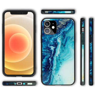 NALIA Hartglas Cover kompatibel mit iPhone 12 Mini Hülle, Marmor Design Hard-Case aus 9H Tempered Glass & Silikon Bumper, Robuste Handyhülle Phone Schutzhülle Handy-Tasche Blau Türkis NALIA Protective Hülle