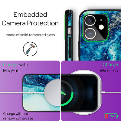 NALIA Hartglas Cover kompatibel mit iPhone 12 Mini Hülle, Marmor Design Hard-Case aus 9H Tempered Glass & Silikon Bumper, Robuste Handyhülle Phone Schutzhülle Handy-Tasche Blau Türkis NALIA Protective Hülle