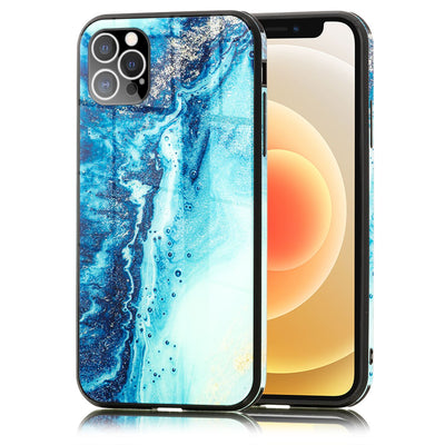 NALIA Marmor Glas Case für iPhone 12 Pro Max – Robustes 9H Echtglas – MARBELLE (Silikon Bumper & Grip) – Marke aus Berlin Blau Türkis NALIA Protective Hülle