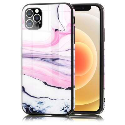 NALIA Marmor Glas Case für iPhone 12 Pro Max – Robustes 9H Echtglas – MARBELLE (Silikon Bumper & Grip) – Marke aus Berlin Pink Lila NALIA Protective Hülle