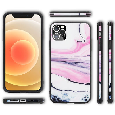 NALIA Marmor Glas Case für iPhone 12 Pro Max – Robustes 9H Echtglas – MARBELLE (Silikon Bumper & Grip) – Marke aus Berlin Pink Lila NALIA Protective Hülle
