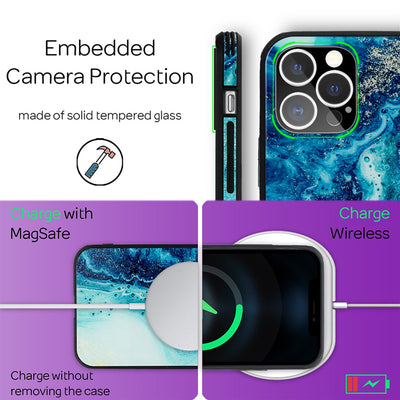 NALIA Marmor Glas Case für iPhone 12 Pro Max – Robustes 9H Echtglas – MARBELLE (Silikon Bumper & Grip) – Marke aus Berlin Blau Türkis NALIA Protective Hülle