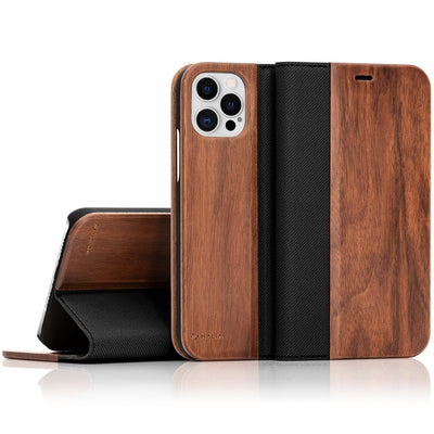 NALIA Echt-Holz Flipcase kompatibel mit iPhone 12 Pro Max Hülle, Premium Wood Etui Handyhülle mit Klappe, Handy-Tasche Phone Case Cover Schutzhülle Flipcover Klapphülle Rundum Schutz Bumper - Walnuss Default Title NALIA Protective Hülle
