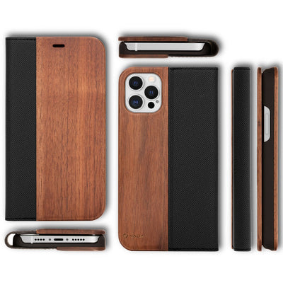NALIA Echt-Holz Flipcase kompatibel mit iPhone 12 Pro Max Hülle, Premium Wood Etui Handyhülle mit Klappe, Handy-Tasche Phone Case Cover Schutzhülle Flipcover Klapphülle Rundum Schutz Bumper - Walnuss Default Title NALIA Protective Hülle