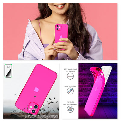 NALIA Neon Silikonhülle für iPhone 12 Mini – Knallige Signal-Farbe & Linsenschutz – VIBE (Transparentes Case) – Marke aus Berlin Pink NALIA Transparente Hülle