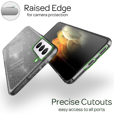 NALIA Glitzerhülle für Samsung Galaxy S21 – Funkelndes Silikon Case – DAZZLIN (Transparent & Stoßfest) – Marke aus Berlin Schwarz NALIA Transparente Hülle