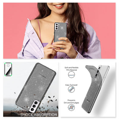 NALIA Glitzerhülle für Samsung Galaxy S21 Plus – Funkelndes Silikon Case – DAZZLIN (Transparent & Stoßfest) – Marke aus Berlin Schwarz NALIA Transparente Hülle