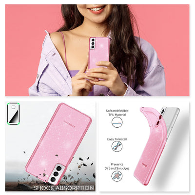 NALIA Glitzerhülle für Samsung Galaxy S21 Plus – Funkelndes Silikon Case – DAZZLIN (Transparent & Stoßfest) – Marke aus Berlin Pink NALIA Transparente Hülle