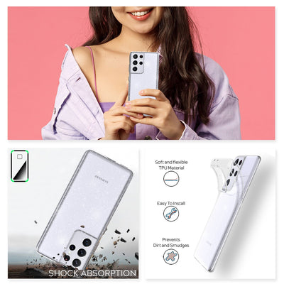 NALIA Glitzerhülle für Samsung Galaxy S21 Ultra – Funkelndes Silikon Case – DAZZLIN (Transparent & Stoßfest) – Marke aus Berlin Transparent NALIA Transparente Hülle