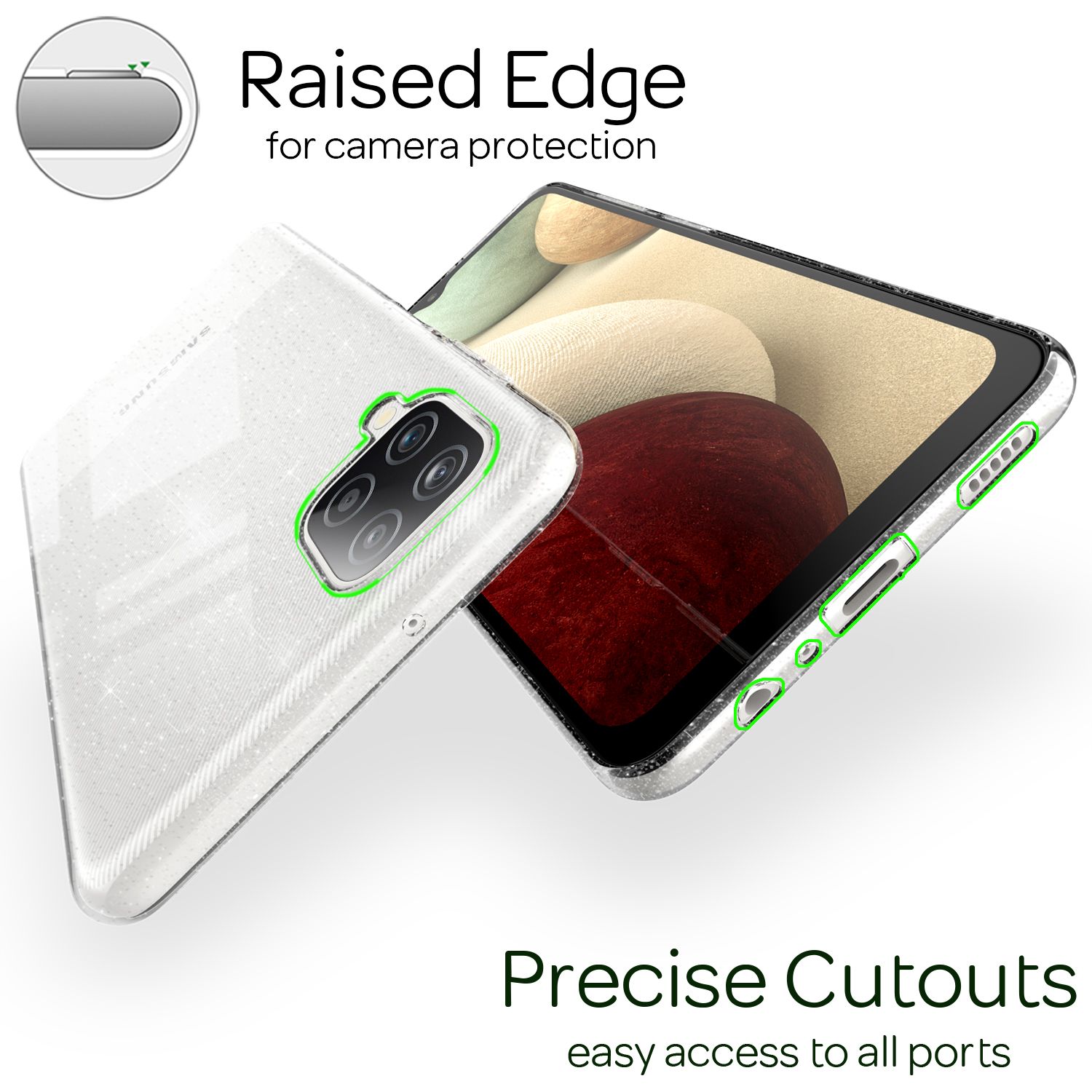 NALIA Glitzer Handy Hülle für Samsung Galaxy A12, Glitzer Handyhülle Cover Schutz Etui Transparent NALIA Transparente Hülle