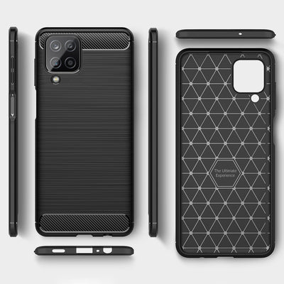 NALIA Silikonhülle für Samsung Galaxy A12 – Rutschfest & Matt – VORTEX (Gebürstete Optik & Carbon Design) – Marke aus Berlin