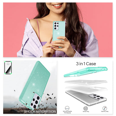 NALIA Glitzerhülle für Samsung Galaxy S21 Ultra – Funkelnder Glitzer-Look & Grip – SHINEPOP (Silikon Case) – Marke aus Berlin Mintgrün NALIA Protective Hülle