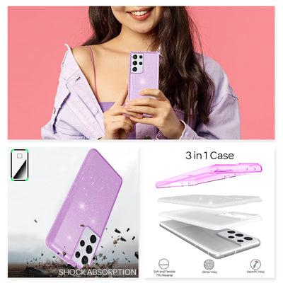NALIA Glitzerhülle für Samsung Galaxy S21 Ultra – Funkelnder Glitzer-Look & Grip – SHINEPOP (Silikon Case) – Marke aus Berlin Lila NALIA Protective Hülle