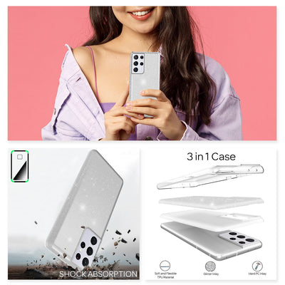 NALIA Glitzerhülle für Samsung Galaxy S21 Ultra – Funkelnder Glitzer-Look & Grip – SHINEPOP (Silikon Case) – Marke aus Berlin Silber NALIA Protective Hülle