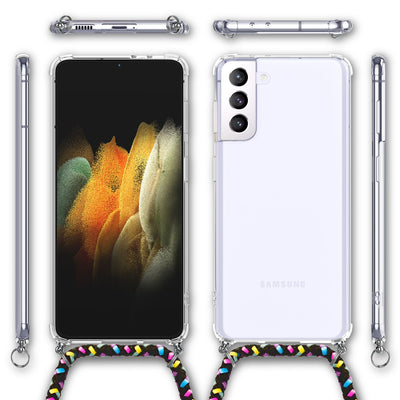 NALIA Handykette für Samsung Galaxy S21 Plus – Transparentes Hybrid-Case & Band – HANGIT (Anti-Gelb Rückseite & Verstellbar) – Marke aus Berlin Schwarz Bunt NALIA Transparente Hülle