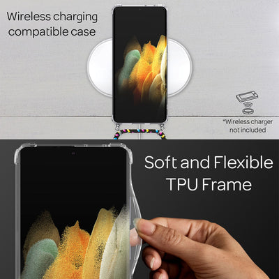 NALIA Handykette für Samsung Galaxy S21 Ultra – Transparentes Hybrid-Case & Band – HANGIT (Anti-Gelb Rückseite & Verstellbar) – Marke aus Berlin Schwarz Bunt NALIA Transparente Hülle