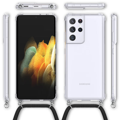 NALIA Handykette für Samsung Galaxy S21 Ultra – Transparentes Hybrid-Case & Band – HANGIT (Anti-Gelb Rückseite & Verstellbar) – Marke aus Berlin Schwarz NALIA Transparente Hülle