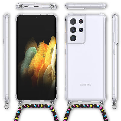 NALIA Handykette für Samsung Galaxy S21 Ultra – Transparentes Hybrid-Case & Band – HANGIT (Anti-Gelb Rückseite & Verstellbar) – Marke aus Berlin Schwarz Bunt NALIA Transparente Hülle