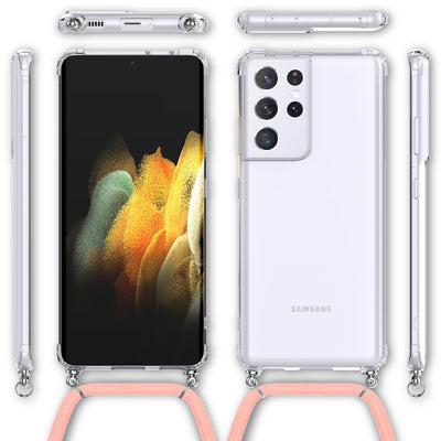 NALIA Handykette für Samsung Galaxy S21 Ultra – Transparentes Hybrid-Case & Band – HANGIT (Anti-Gelb Rückseite & Verstellbar) – Marke aus Berlin Pink NALIA Transparente Hülle