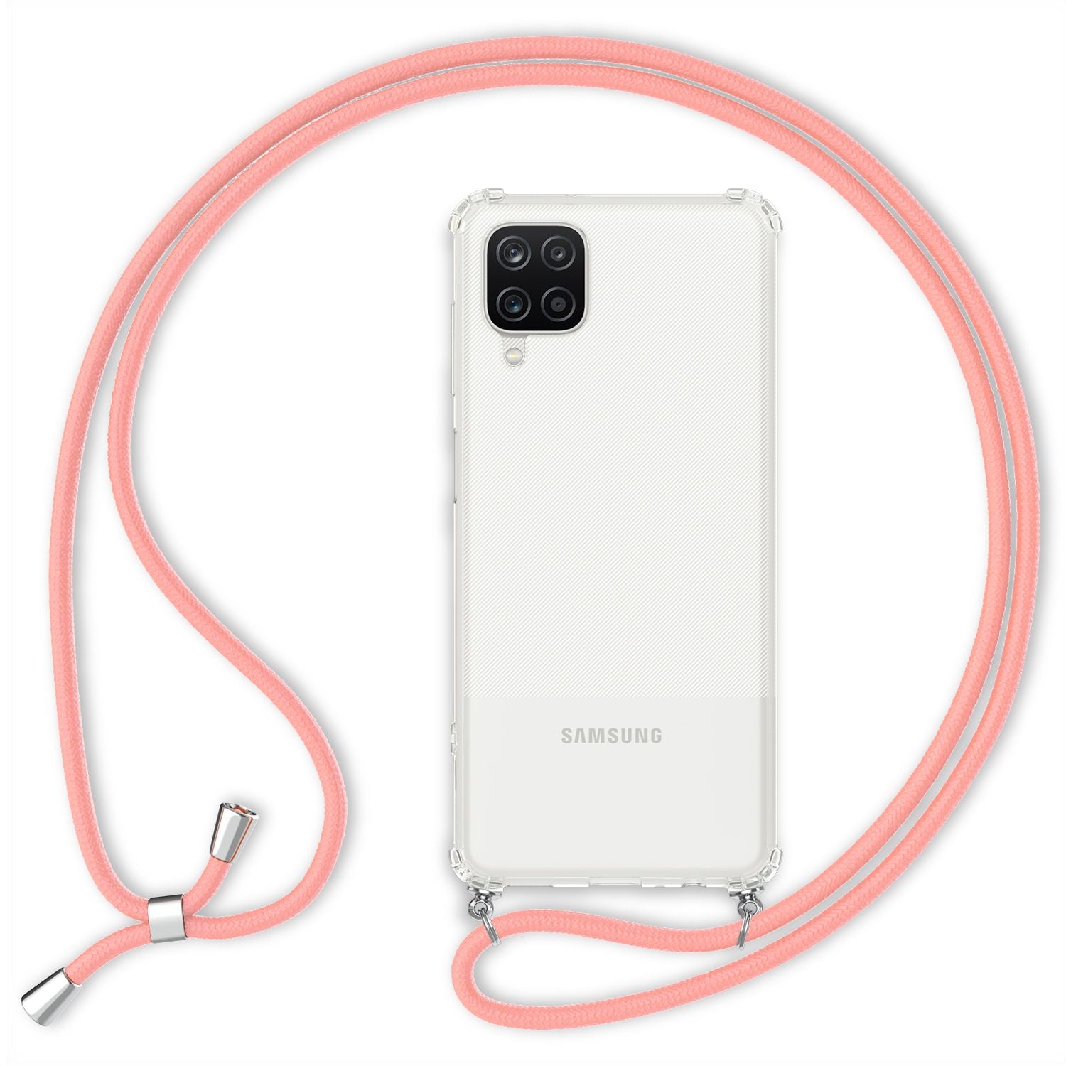 NALIA Klare Handy Hülle mit Kette für Samsung Galaxy A12, Band Case Schnur Cover Pink NALIA Transparente Hülle