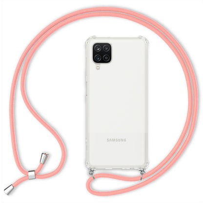 NALIA Klare Handy Hülle mit Kette für Samsung Galaxy A12, Band Case Schnur Cover Pink NALIA Transparente Hülle
