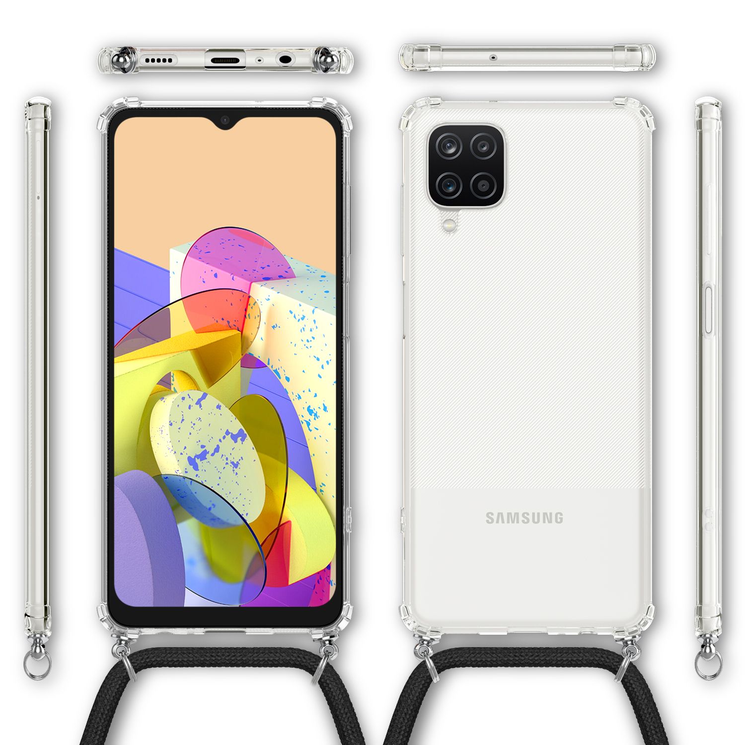 NALIA Klare Handy Hülle mit Kette für Samsung Galaxy A12, Band Case Schnur Cover Schwarz NALIA Transparente Hülle
