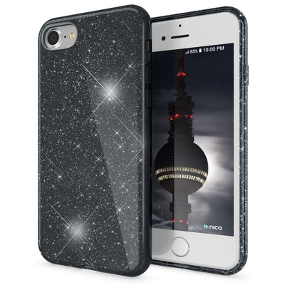 NALIA Glitzerhülle für iPhone 7 / 8 / SE (2020 / 2022) – Funkelnder Glitzer-Look & Grip – SHINEPOP (Silikon Case) – Marke aus Berlin Schwarz NALIA Protective Hülle