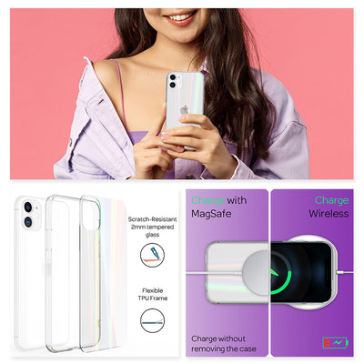 NALIA Klares Hartglas Case kompatibel mit iPhone 12 / iPhone 12 Pro Hülle, Durchsichtiges Regenbogen Hardcase aus Tempered Glass & Silikon Bumper, Holografisch Glänzende Handyhülle Transparent NALIA Protective Hülle