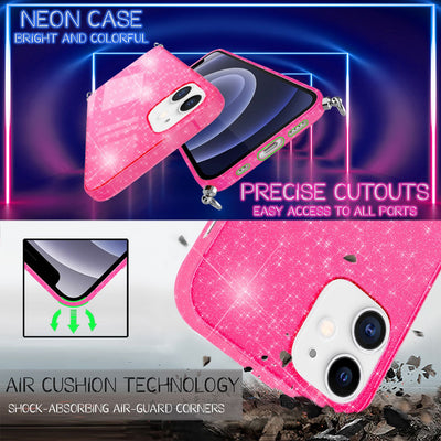 NALIA Handykette mit Neon Glitzerhülle für iPhone 12 Mini – Durchsichtig & Funkelnd – HANGIT SPARK (Transparentes Silikon Case zum Umhängen) – Marke aus Berlin Pink Glitzer NALIA Transparente Hülle