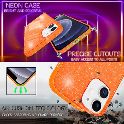NALIA Handykette mit Neon Glitzerhülle für iPhone 12 Mini – Durchsichtig & Funkelnd – HANGIT SPARK (Transparentes Silikon Case zum Umhängen) – Marke aus Berlin Orange Glitzer NALIA Transparente Hülle