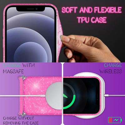 NALIA Handykette mit Neon Glitzerhülle für iPhone 12 Mini – Durchsichtig & Funkelnd – HANGIT SPARK (Transparentes Silikon Case zum Umhängen) – Marke aus Berlin Pink Glitzer NALIA Transparente Hülle