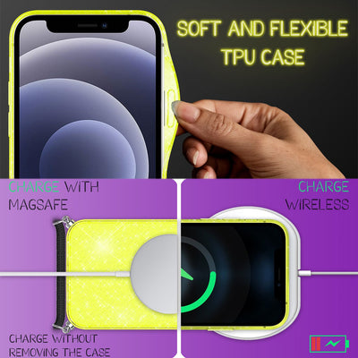 NALIA Handykette mit Neon Glitzerhülle für iPhone 12 Mini – Durchsichtig & Funkelnd – HANGIT SPARK (Transparentes Silikon Case zum Umhängen) – Marke aus Berlin Gelb Glitzer NALIA Transparente Hülle