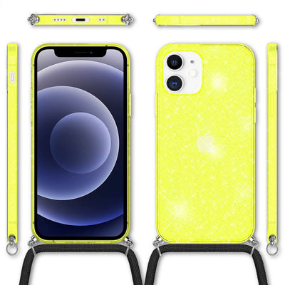 NALIA Handykette mit Neon Glitzerhülle für iPhone 12 Mini – Durchsichtig & Funkelnd – HANGIT SPARK (Transparentes Silikon Case zum Umhängen) – Marke aus Berlin Gelb Glitzer NALIA Transparente Hülle