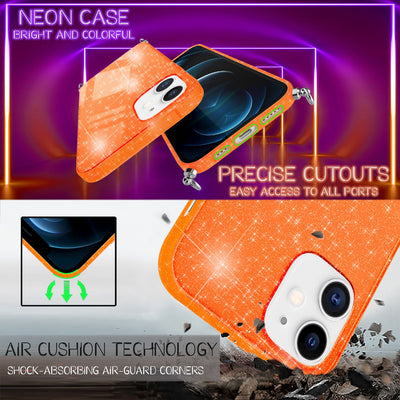 NALIA Handykette mit Neon Glitzerhülle für iPhone 12 / 12 Pro – Durchsichtig & Funkelnd – HANGIT SPARK (Transparentes Silikon Case zum Umhängen) – Marke aus Berlin Orange Glitzer NALIA Transparente Hülle