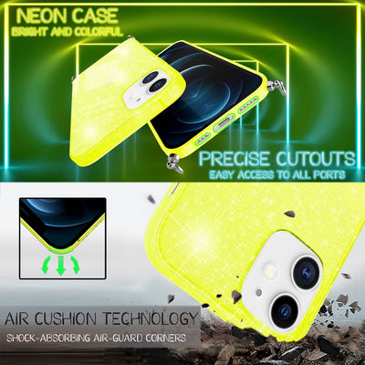 NALIA Handykette mit Neon Glitzerhülle für iPhone 12 / 12 Pro – Durchsichtig & Funkelnd – HANGIT SPARK (Transparentes Silikon Case zum Umhängen) – Marke aus Berlin Gelb Glitzer NALIA Transparente Hülle