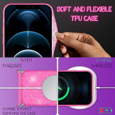 NALIA Handykette mit Neon Glitzerhülle für iPhone 12 / 12 Pro – Durchsichtig & Funkelnd – HANGIT SPARK (Transparentes Silikon Case zum Umhängen) – Marke aus Berlin Pink Glitzer NALIA Transparente Hülle