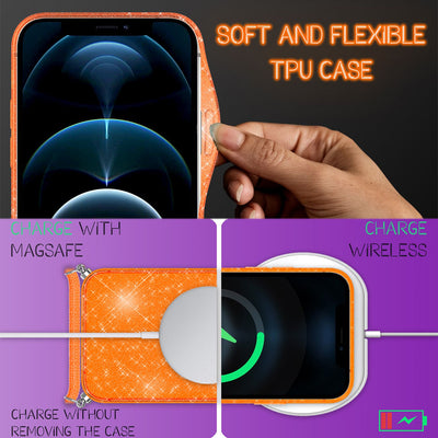 NALIA Handykette mit Neon Glitzerhülle für iPhone 12 / 12 Pro – Durchsichtig & Funkelnd – HANGIT SPARK (Transparentes Silikon Case zum Umhängen) – Marke aus Berlin Orange Glitzer NALIA Transparente Hülle